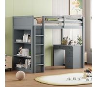 Flieks Lit superposé 90x200 avec bureau et bibliothèque, lit surélevé avec échelle, lit d'enfant avec protection contre les chutes, lit superposé en bois avec sommier à lattes, gris