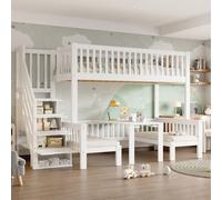 Flieks Lit superposé 90x200cm/120x200cm avec sommier à lattes, lit surélevé avec bureau et escalier, lit d'enfant avec protection contre les chutes, lit en bois massif superposé, blanc