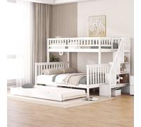 Flieks Lit superposé 90x200cm/140x200cm, Lit d'enfant avec protection contre la chute, Lit mezzanine avec escalier et lit escamotable, Lit en bois massif avec sommier à lattes, Blanc