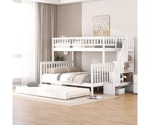 Flieks Lit superposé 90x200cm/140x200cm, Lit d'enfant avec protection contre la chute, Lit mezzanine avec escalier et lit escamotable, Lit en bois massif avec sommier à lattes, Blanc