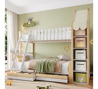 Flieks Lit superposé 90x200cm / 140x200cm, Lit d'enfant surélevé avec tiroirs, Lit de maison avec étagère latérale, Lit superposé en bois 2 enfants, Naturel