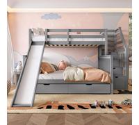 Flieks Lit superposé 90x200cm/140x200cm, Lit superposé avec protection contre les chutes, Lit d'enfant avec toboggan et sommier à lattes, Lit superposé en bois massif avec 2 tiroirs