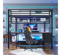 Flieks Lit superposé 90x200cm/140x200cm, Lit surélevé avec bureau et grille suspendue, Lit d'enfant avec LED, Lit superposé en métal, Noir