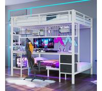 Flieks Lit superposé 90x200cm/140x200cm, Lit surélevé avec bureau et grille suspendue, Lit d'enfant avec LED, Lit superposé en métal, Blanc