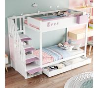 Flieks Lit superposé 90x200cm avec 2 tiroirs, lit d'enfant avec boîte de rangement amovible, lit mezzanine avec escalier de rangement, rose