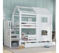 Flieks Lit superposé 90x200cm avec 2 tiroirs, lit d'enfant lit de maison avec fenêtre et protection contre les chutes, lit mezzanine lit simple 2 enfants, blanc