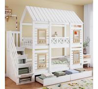 Flieks Lit superposé 90x200cm avec 2 tiroirs, lit d'enfant lit de maison avec fenêtre, lit superposé simple avec escalier, lit en bois chambre d'enfant, blanc
