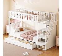 Flieks Lit superposé 90x200cm avec 2 tiroirs, lit d'enfant surélevé avec escalier, lit superposé en bois avec sommier à lattes et antichute, blanc