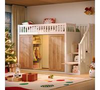 Flieks Lit superposé 90x200cm avec armoire et Led, lit surélevé avec escalier et tiroirs, lit d'enfant lit d'adolescent lit simple avec sommier à lattes, blanc