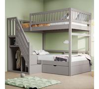 Flieks Lit superposé 90x200cm avec armoire et tiroir, lit d'enfant surélevé avec escalier et sommier à lattes, lit superposé avec protection contre les chutes, gris