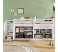 Flieks Lit superposé 90x200cm avec armoire, lit surélevé avec échelle et escalier, lit d'enfant superposé lit simple avec protection contre les chutes, lit en bois pour enfants, blanc