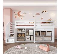 Flieks Lit superposé 90x200cm avec armoire, lit surélevé avec échelle et escalier, lit d'enfant superposé lit simple avec protection contre les chutes, lit en bois pour enfants, blanc