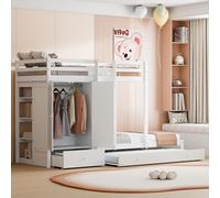 Flieks Lit superposé 90x200cm avec armoire, lit surélevé avec lit gigogne, lit d'enfant superposé avec étagère et tiroir, lit en bois enfant, blanc