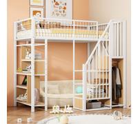 Flieks Lit superposé 90x200cm avec bibliothèque, lit surélevé en métal avec escalier et tringle à vêtements, lit d'enfant avec protection contre les chutes et sommier à lattes, blanc