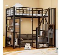 Flieks Lit superposé 90x200cm avec bibliothèque, lit surélevé en métal avec escalier et tringle à vêtements, lit d'enfant avec protection contre les chutes et sommier à lattes, noir