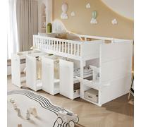 Flieks Lit superposé 90x200cm avec bureau amovible, Lit d'enfant avec garde-robe et armoire, Lit surélevé avec escalier, Lit superposé en bois, Blanc
