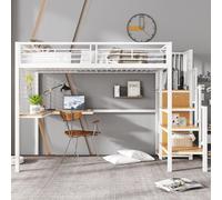 Flieks Lit superposé 90x200cm avec bureau en forme de L et étagère en fer grillagé, lit mezzanine avec escalier et penderie, lit d'enfant en métal lit simple, blanc