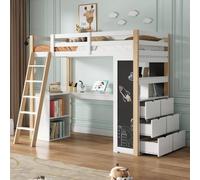 Flieks Lit superposé 90x200cm avec bureau et bibliothèque, lit d'enfant avec tableau, lit surélevé avec échelle et sommier à lattes, lit superposé en bois, couleur bois