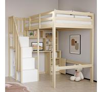 Flieks Lit superposé 90x200cm avec bureau et étagère, lit d'enfant avec barre de penderie et escalier de rangement, lit surélevé simple, naturel