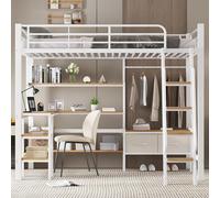 Flieks Lit superposé 90x200cm avec bureau et étagère, Lit d'enfant surélevé avec barre de penderie et tiroirs, Lit métallique pour adolescents Lit simple, Blanc