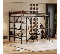Flieks Lit superposé 90x200cm avec bureau et étagère, lit surélevé avec échelle et protection contre les chutes, lit d'enfant lit d'adolescent en métal avec sommier à lattes noir