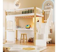 Flieks Lit superposé 90x200cm avec bureau et fonction de chargement, lit d'enfant lit de maison avec étagère, lit surélevé simple avec Led, lit superposé naturel