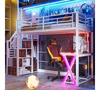 Flieks Lit superposé 90x200cm avec bureau et LED, lit surélevé pour adolescents avec tringle à vêtements et compartiment de rangement, lit d'enfant simple lit superposé, blanc
