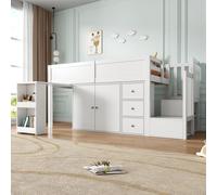 Flieks Lit superposé 90x200cm avec bureau extensible, lit surélevé d'enfant avec tiroirs et armoire, lit superposé en bois avec sommier à lattes, blanc