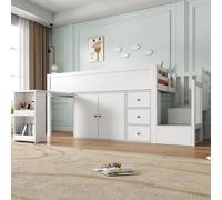 Flieks Lit superposé 90x200cm avec bureau extensible, lit surélevé d'enfant avec tiroirs et armoire, lit superposé en bois avec sommier à lattes, blanc