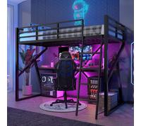 Flieks Lit superposé 90x200cm avec bureau, Lit d'adolescent simple avec Led, Lit d'enfant surélevé avec protection contre les chutes et sommier à lattes, Lit métallique noir