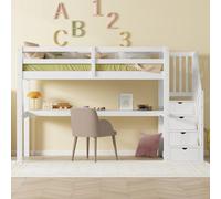 Flieks Lit superposé 90x200cm avec bureau, lit surélevé avec escalier et étagère, lit d'enfant avec protection contre les chutes et sommier à lattes, lit simple en bois, blanc