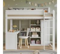 Flieks lit superposé 90x200cm avec bureau, lit surélevé avec étagère et armoire, lit d'enfant avec protection contre les chutes et sommier à lattes, lit superposé en bois