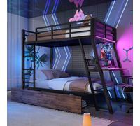 Flieks Lit superposé 90x200cm avec bureau, lit surélevé pour adolescents avec Led et tiroirs, lit métallique pour enfants avec antichute, lit simple noir