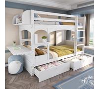 Flieks Lit superposé 90x200cm avec bureau pliable, lit surélevé avec 2 tiroirs et étagère, lit d'enfant avec protection contre les chutes et sommier à lattes, blanc