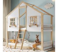 Flieks Lit superposé 90x200cm avec échelle, lit d'enfant lit de maison avec fenêtre, lit superposé lit simple avec protection contre les chutes et sommier à lattes, naturel