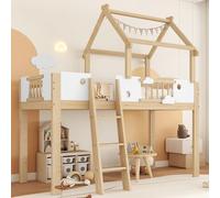 Flieks Lit superposé 90x200cm avec échelle, Lit superposé pour enfants avec protection contre les chutes et sommier à lattes, Lit d'enfant en bois avec motif de nuages, naturel