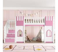 Flieks Lit superposé 90x200cm avec escalier de rangement, lit d'enfant lit de maison avec fenêtre, lit surélevé en bois lit simple avec antichute, rose