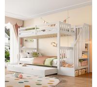 Flieks Lit superposé 90x200cm avec escalier de rangement, lit surélevé avec lit gigogne, lit d'enfant avec protection contre la chute et sommier à lattes, lit superposé simple, blanc
