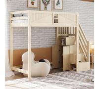 Flieks Lit superposé 90x200cm avec escalier de rangement, lit surélevé pour adolescents avec armoire et tiroirs, lit d'enfant simple avec antichute, naturel