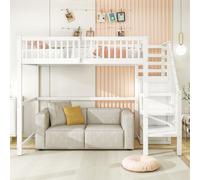 Flieks Lit superposé 90x200cm avec escalier et armoire, lit surélevé pour adolescents avec sommier à lattes, lit d'enfant avec protection contre les chutes, lit simple en bois, blanc