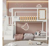 Flieks Lit superposé 90x200cm avec escalier, lit d'enfant avec protection contre la chute, lit surélevé avec sommier à lattes, lit de maison lit superposé lit simple, blanc