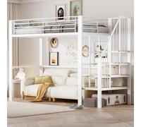 Flieks Lit superposé 90x200cm avec escalier, Lit superposé d'enfant avec protection contre la chute, Lit superposé en métal avec sommier à lattes, Lit simple enfant, Blanc
