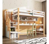Flieks Lit superposé 90x200cm avec escalier, lit surélevé avec bureau et bibliothèque, lit d'enfant avec protection antichute & sommier à lattes, lit superposé naturel