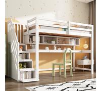 Flieks Lit superposé 90x200cm avec escalier, lit surélevé avec bureau et bibliothèque, lit d'enfant avec protection antichute & sommier à lattes, lit superposé blanc