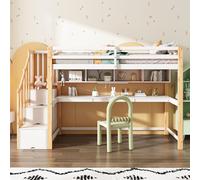Flieks Lit superposé 90x200cm avec escalier, lit surélevé avec bureau et bibliothèque, lit d'enfant avec protection contre la chute, lit d'adolescent avec sommier à lattes, lit simple en bois massif,
