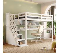 Flieks Lit superposé 90x200cm avec escalier, lit surélevé avec bureau et bibliothèque, lit d'enfant avec protection contre la chute, lit d'adolescent avec sommier à lattes, lit simple