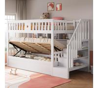 Flieks Lit superposé 90x200cm avec étagère, Lit d'enfant hydraulique avec espace de rangement, Lit superposé avec protection antichute et sommier à lattes, Lit simple blanc