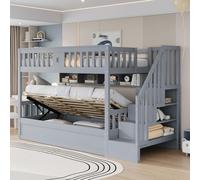 Flieks Lit superposé 90x200cm avec étagère, Lit d'enfant hydraulique avec espace de rangement, Lit superposé avec protection antichute et sommier à lattes, Lit simple gris