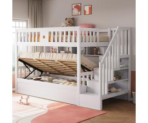 Flieks Lit superposé 90x200cm avec étagère, Lit d'enfant hydraulique avec espace de rangement, Lit superposé avec protection antichute et sommier à lattes, Lit simple blanc