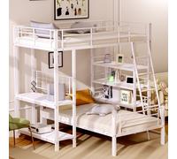 Flieks Lit superposé 90x200cm avec étagère, Lit surélevé en métal avec sommier à lattes, Lit d'enfant simple avec protection contre les chutes, Lit superposé avec lit inférieur séparable
